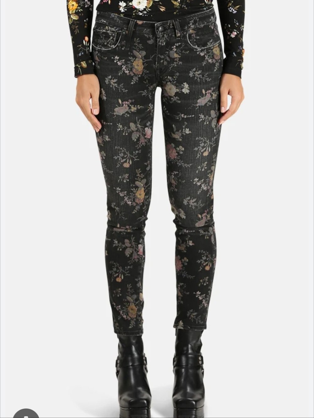 R13 Kate Skinny Jean Low Rise Dark Grey Light Floral Pants Women's Size 27